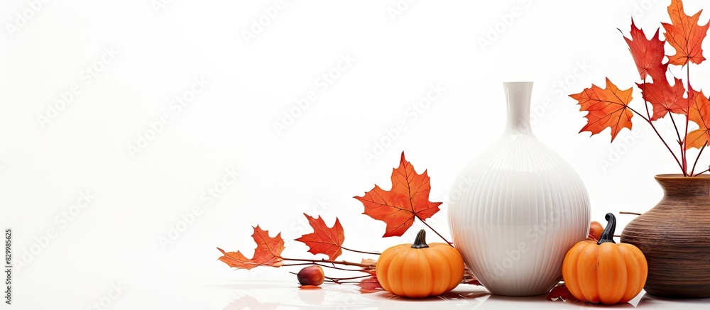 Poster Isolated on a white background there is a copy space image featuring a vase filled with fall leaves and a pumpkin nearby