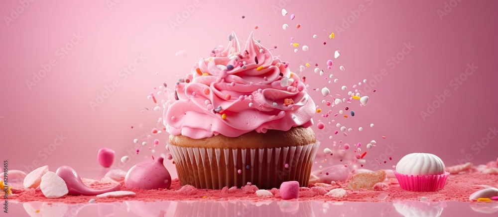 Poster a pink background featuring sugar sprinkles as decoration for cakes ice cream and cookies with ample