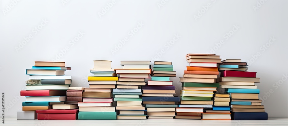Poster copy space image featuring a stack of books against a white backdrop