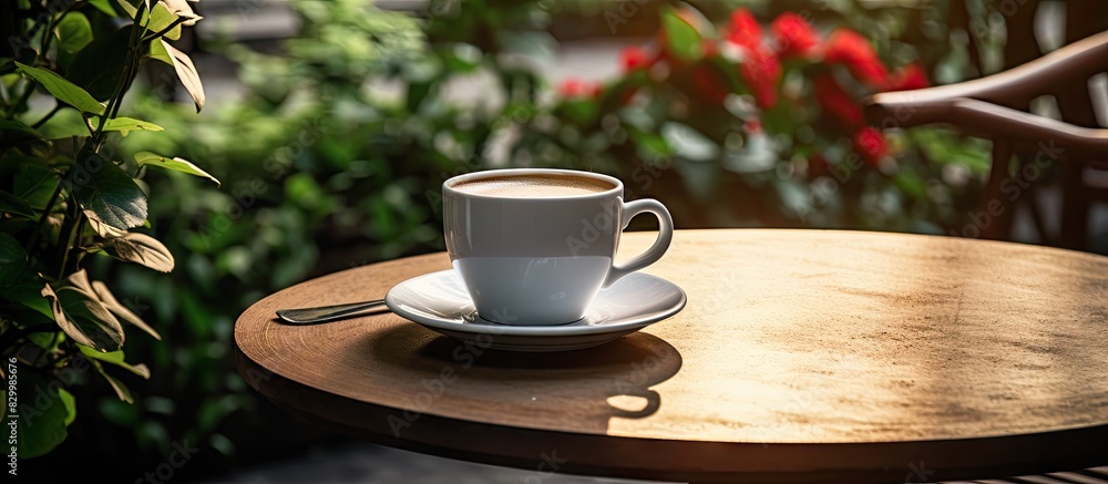 Poster morning scene at a garden cafe with a cup of coffee placed on a table presenting a serene atmosphere