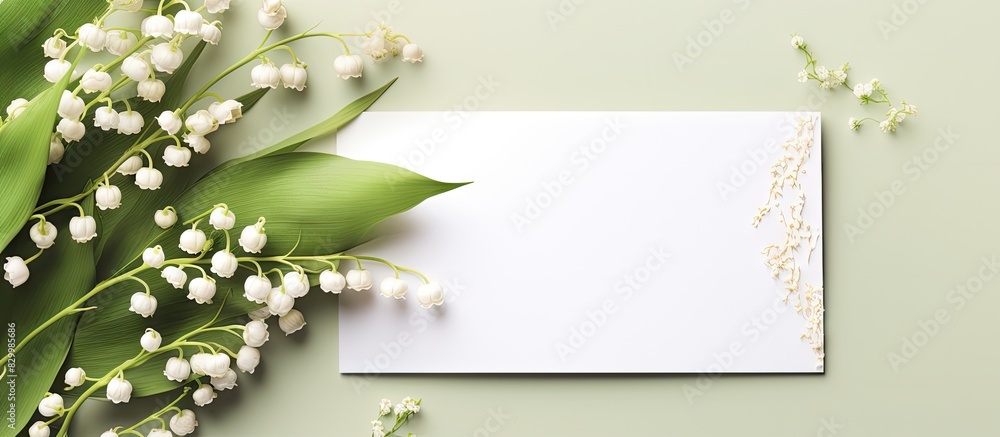 Poster A mockup of a wedding invitation card is displayed showcasing an elegant envelope and adorned with lily of the valley flowers The card features ample copy space