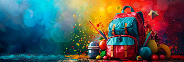 A giant backpack overflowing with school supplies, books, and other fun items, set against a bright and colorful background.