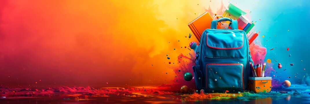 A giant backpack overflowing with school supplies, books, and other fun items, set against a bright and colorful background.