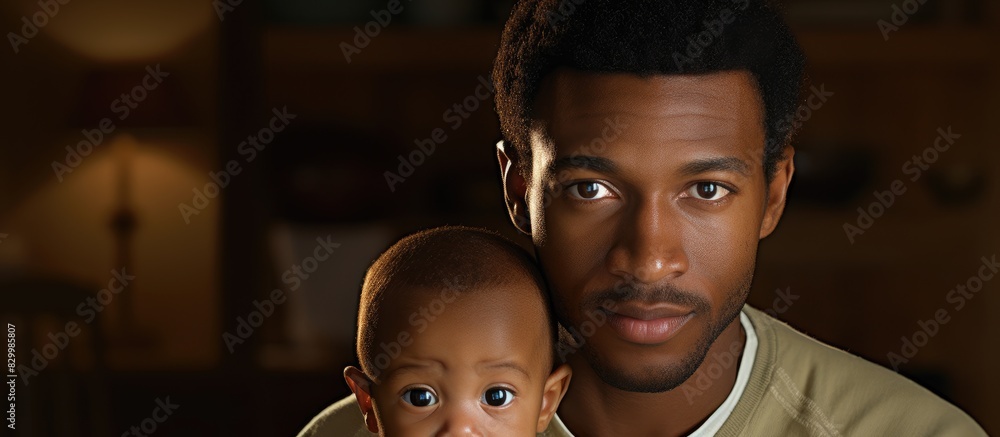 Poster an african american man holds a cute mixed race baby both looking directly at the camera inside a co