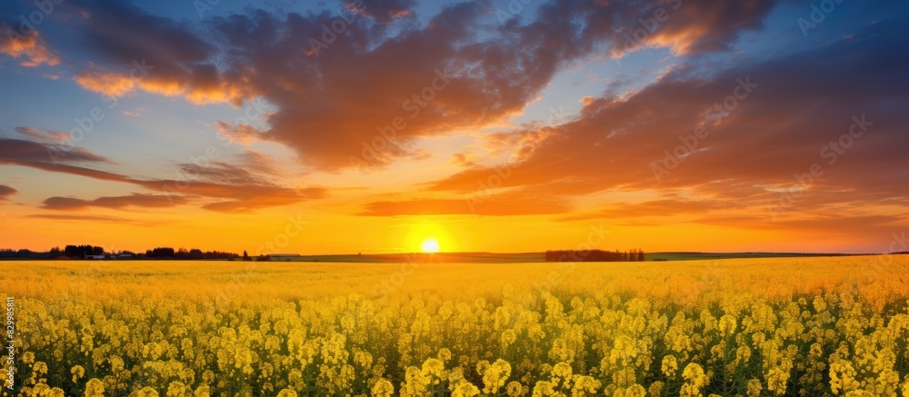 Poster colorful sky evening sunset and a yellow rapeseed field create a scenic view in this copy space imag