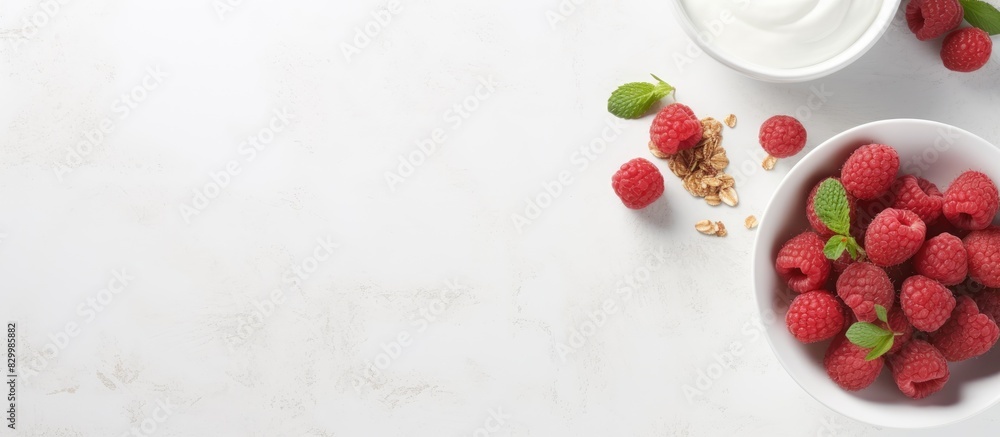 Poster a healthy breakfast concept featuring a bowl of granola mixed with raspberries and greek yogurt plac