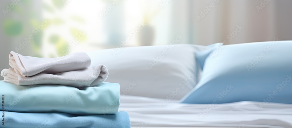 Poster A copy space image featuring a stack of fresh bed sheets against a blurred background of a laundry room