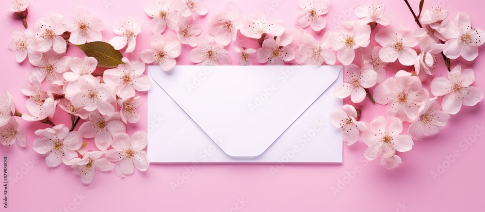 Poster Copy space image of delicate blossoms of an Apple tree enclosed in a pink paper envelope resting on a pink and white background Top view flat lay