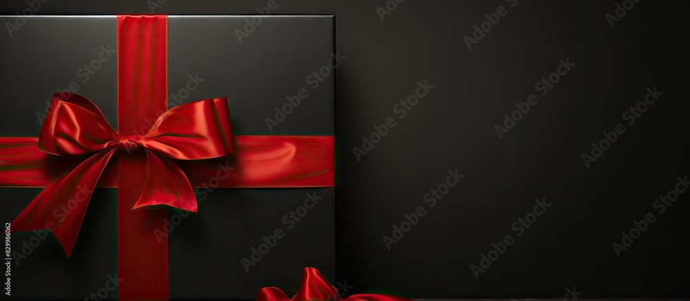 Poster A gift wrapped in a red ribbon stands next to a framed plaque on a black background creating a design layout There is ample copy space in the image