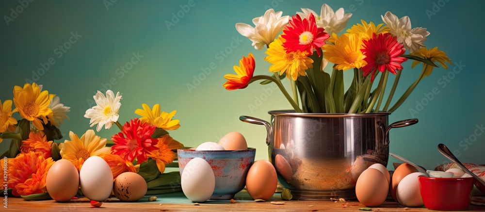 Poster An Easter themed kitchenware arrangement with colorful flowers and eggs set against a background perfect for displaying a message or image. with copy space image. Place for adding text or design