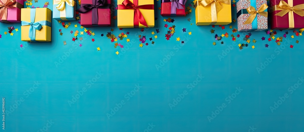 Aufkleber a festive top down view of gift boxes wrapped in vibrant paper and adorned with confetti set against