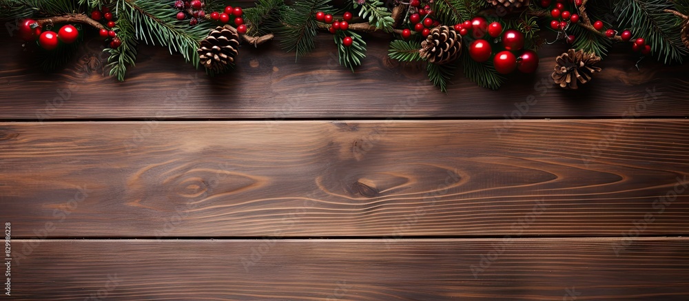 Poster close up of a wooden desk with a striped timber surface adorned with christmas decorations such as f