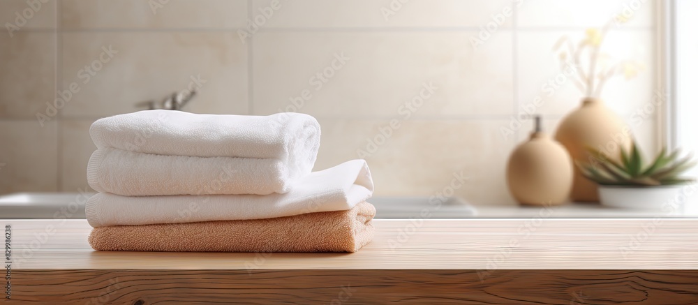 Poster blurred bathroom background with a wood plate holding towels for product display ample space for ima