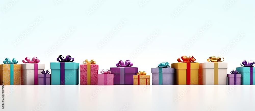 Poster Colorful gift boxes arranged on a white background creating a visually appealing copy space image