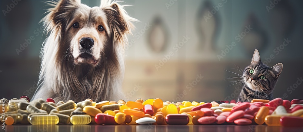 Poster copy space image of pet medication supplements and vitamins with pet food in the background