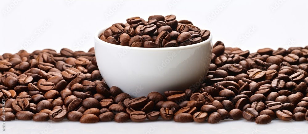 Poster coffee beans neatly fill a white cup creating an aesthetically pleasing image with ample space for c