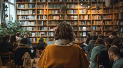 People reading in a library with colorful lighting