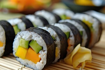 A close-up shot of vegan sushi rolls, showcasing colorful fillings like avocado, cucumber, and mango, elegantly arranged on a bamboo mat with soy sauce and pickled ginger on the side - Powered by Adobe