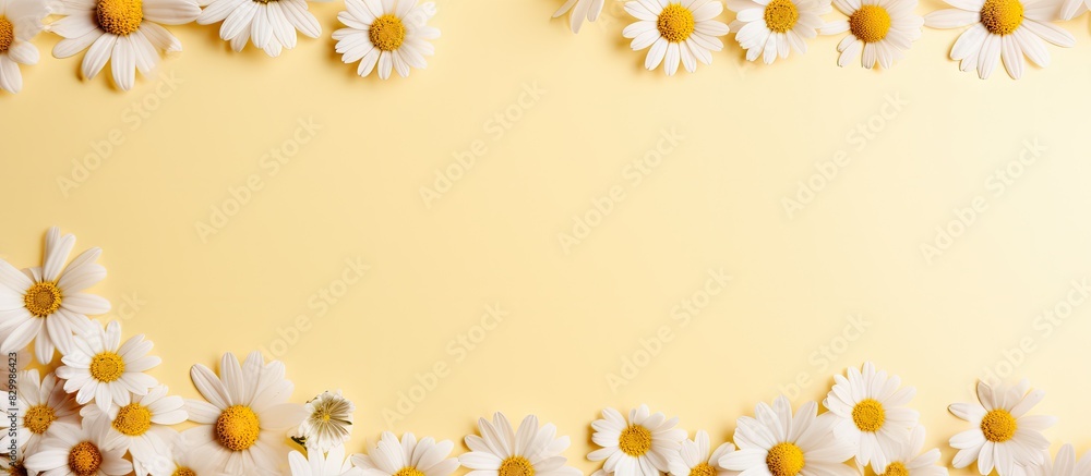 Poster aesthetic summer copy space image with bright chamomile flowers pattern on a beige background