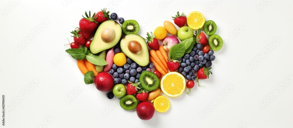 Aufkleber High resolution product photograph of a heart shaped food composition made from various fruits and vegetables set against a white background with empty space for text. with copy space image
