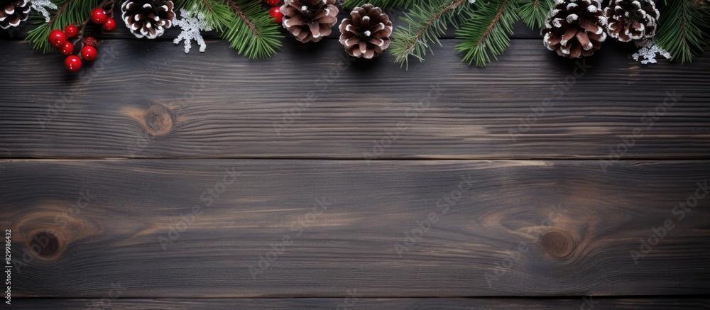 Poster a festive christmas themed image with a dark wooden background featuring fir tree branches snow cone