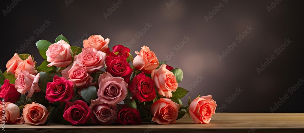 Poster closeup of a table displaying a bouquet of beautiful fresh roses with copy space image