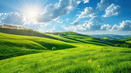 Obraz premium Tranquil beauty of springtime nature in peaceful countryside landscape. Green grass, blue sky, white clouds, rolling hills light from the sun