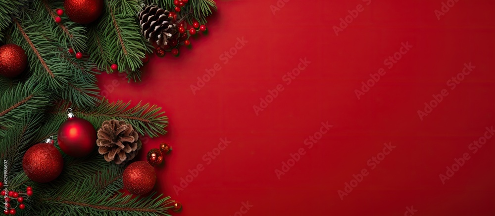 Poster a festive christmas frame adorned with fir tree decorations and placed on a vibrant red backdrop thi