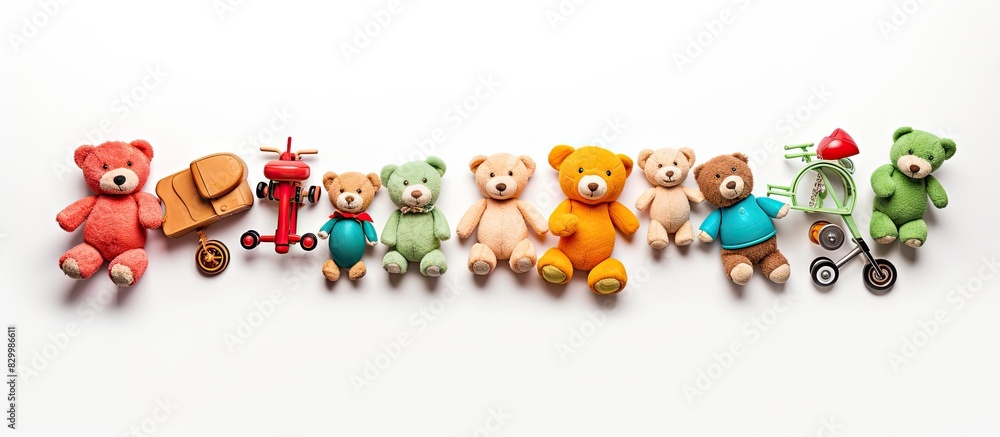 Poster top view of children s toys on a white background featuring a copy space image