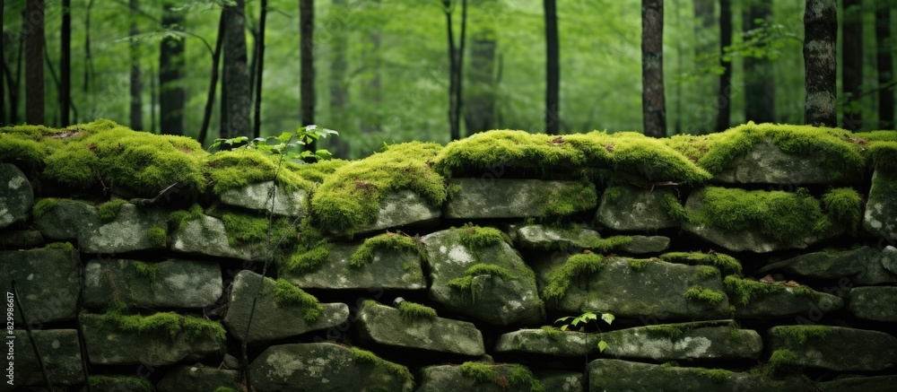 Aufkleber An image of a moss covered stone wall in a serene forest setting. with copy space image. Place for adding text or design