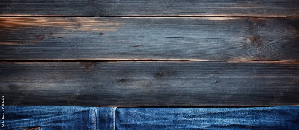 Poster A fashionable pair of jeans displayed on a rustic wooden surface from an overhead perspective providing enough room for text. with copy space image. Place for adding text or design