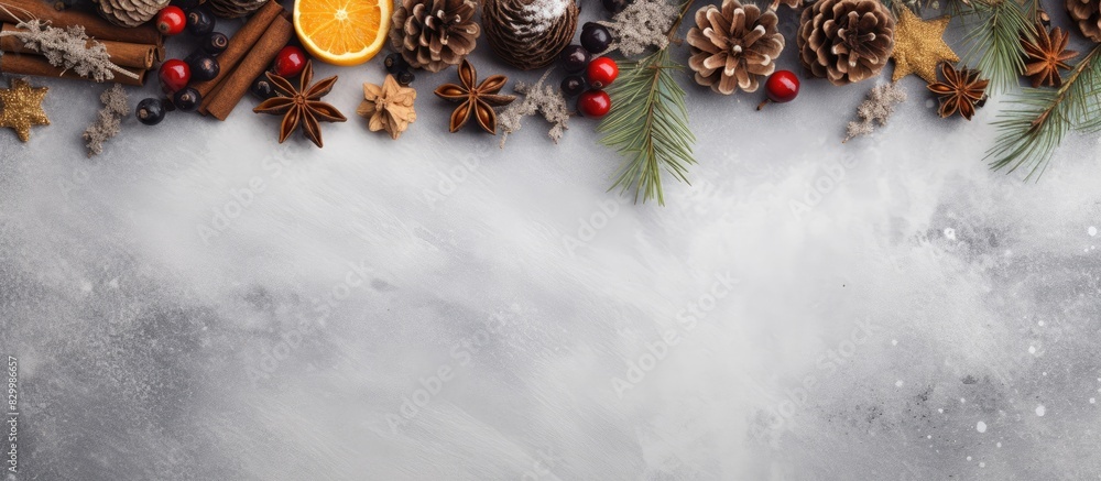 Poster a festive christmas composition with a gift box spices dried fruits and natural decorations like pin