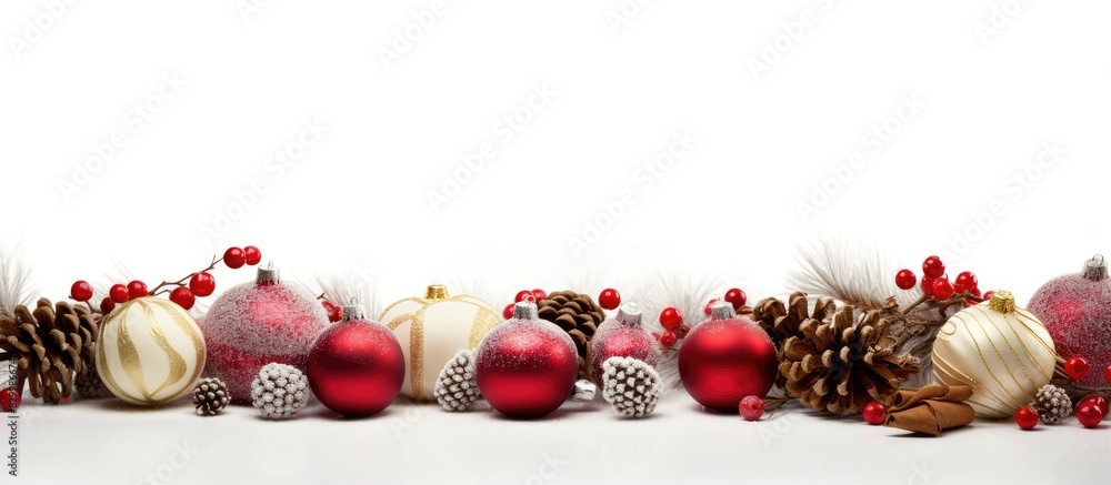 Poster festive decorations candies and gift boxes arranged on a white background with copy space for text d