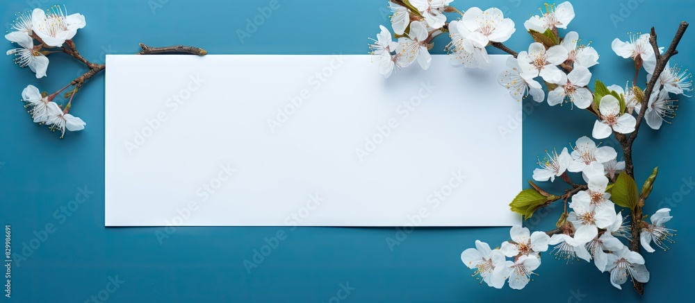 Poster Blue background with a blooming wild plum tree showcasing its branches alongside a blank white sheet of paper Top view of spring flowers offering copy space for text