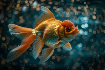 Peaceful underwater haven. Goldfish in aquarium with lovely aquatic flora