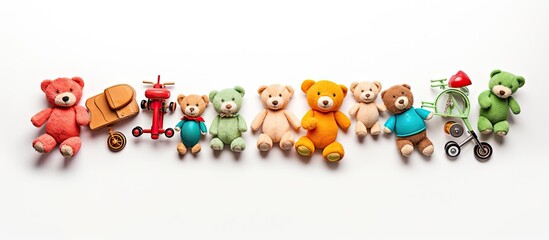Naklejka premium Top view of children s toys on a white background featuring a copy space image