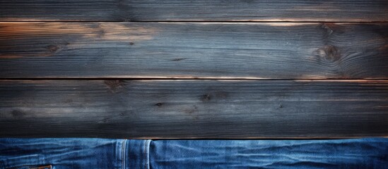 A fashionable pair of jeans displayed on a rustic wooden surface from an overhead perspective providing enough room for text. with copy space image. Place for adding text or design