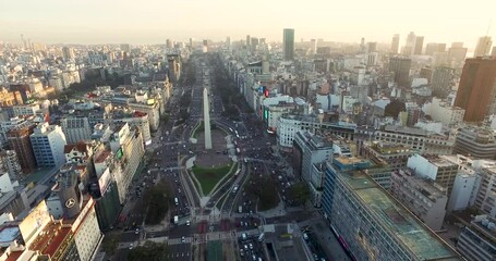 Buenos Aires, Argentina, September 15, 2016: Aerial view of the Buenos Aires Obelisk at sunset. 9 de Julio Avenue and Corrientes Avenue.