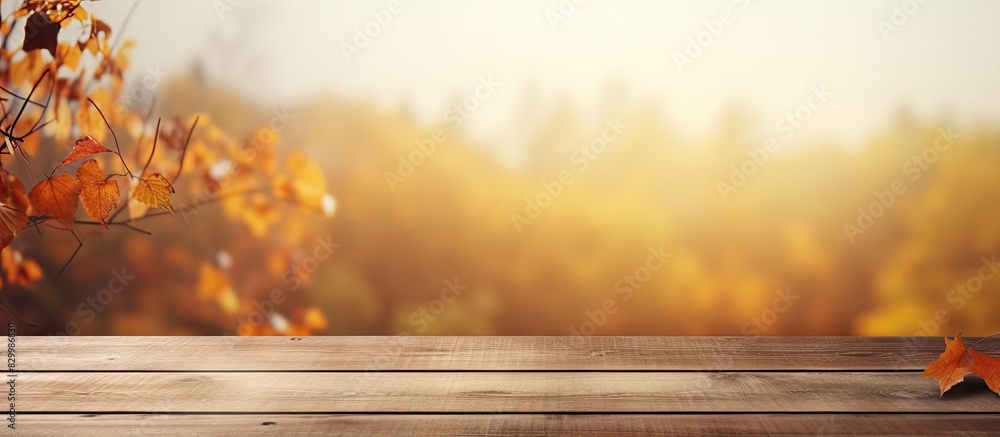 Poster autumn inspired background with a vacant wooden table and ample copy space image
