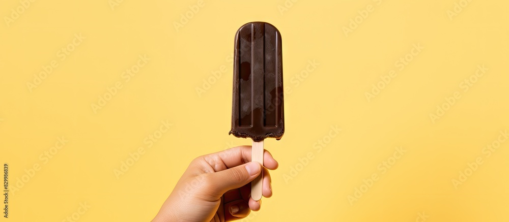 Poster A close up of a hand gripping a black bean popsicle stick with the ice cream treat set against a soft pastel yellow backdrop leaving ample space for additional images or text