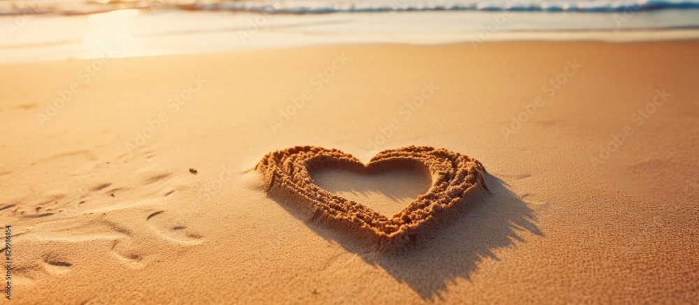 Poster a heart shaped symbol drawn in the sand on a beach with space for copy