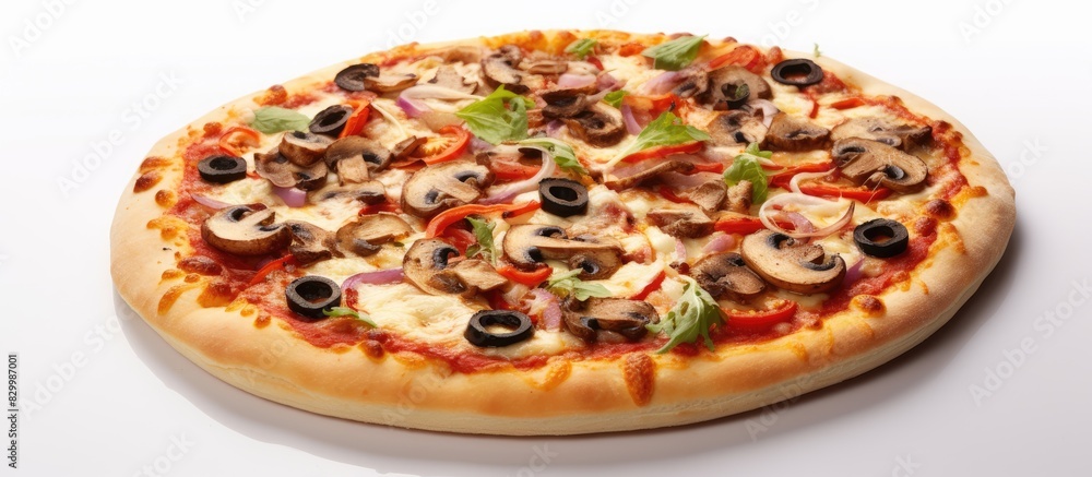 Poster A delicious pizza with its ingredients showcased on a white background leaving ample room for additional text in the image