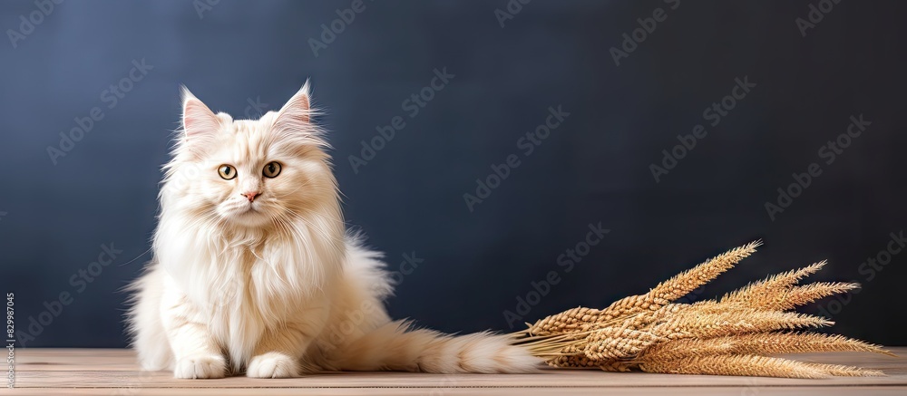 Poster Cute khao manee cat sitting next to spikelets indoors providing a blank space for text Lovely and fluffy pet. with copy space image. Place for adding text or design