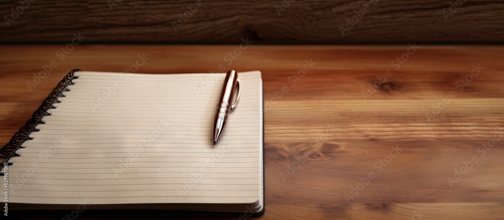 Poster closeup of a personal organizer with a pen on a wooden table providing ample copy space for an image