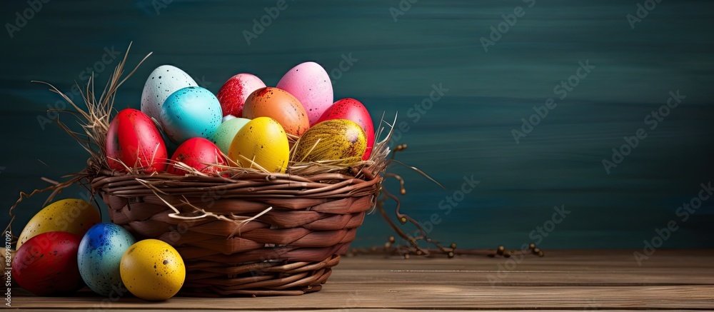 Poster a postcard motif with a wicker basket filled with vibrant easter eggs offers copy space for your cre