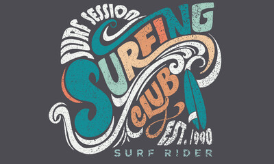 Surfing club logo design. beach t shirt artwork. Summer vibes typographic artwork. Surf slogan design.