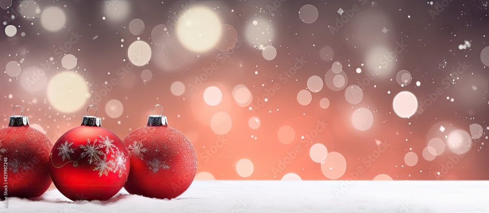 Poster a festive christmas greeting card showcases a close up of vibrant xmas balls a red gift and snowflak