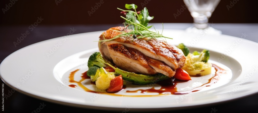 Poster close up of a succulent chicken fillet served in a restaurant the dish consists of a white plate fil