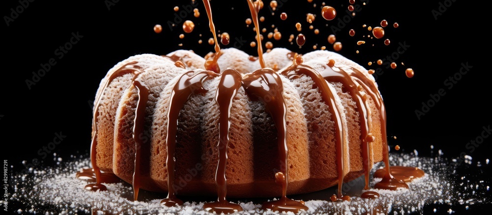 Poster cinnamon gracefully cascades over a fresh bundt cake creating a captivating frozen moment the contra