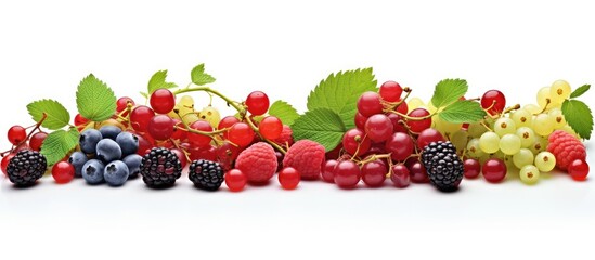 Assortment of assorted berries including gooseberries blueberries mulberries raspberries and white and red currants arranged on a white background with ample copy space 159 characters